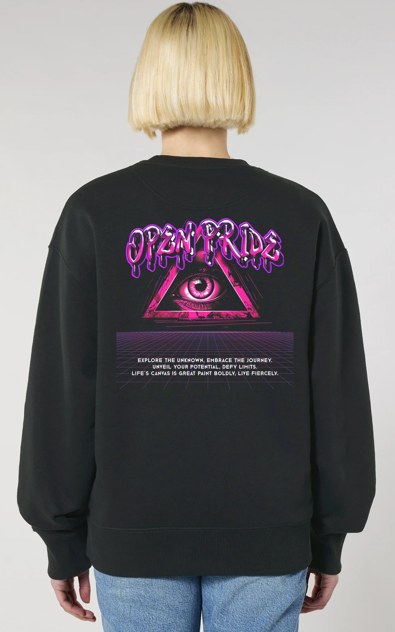 Explore-the-Unknown Crewneck Sweatshirt - Pinkes Auge im Dreieck graffitti design 80s