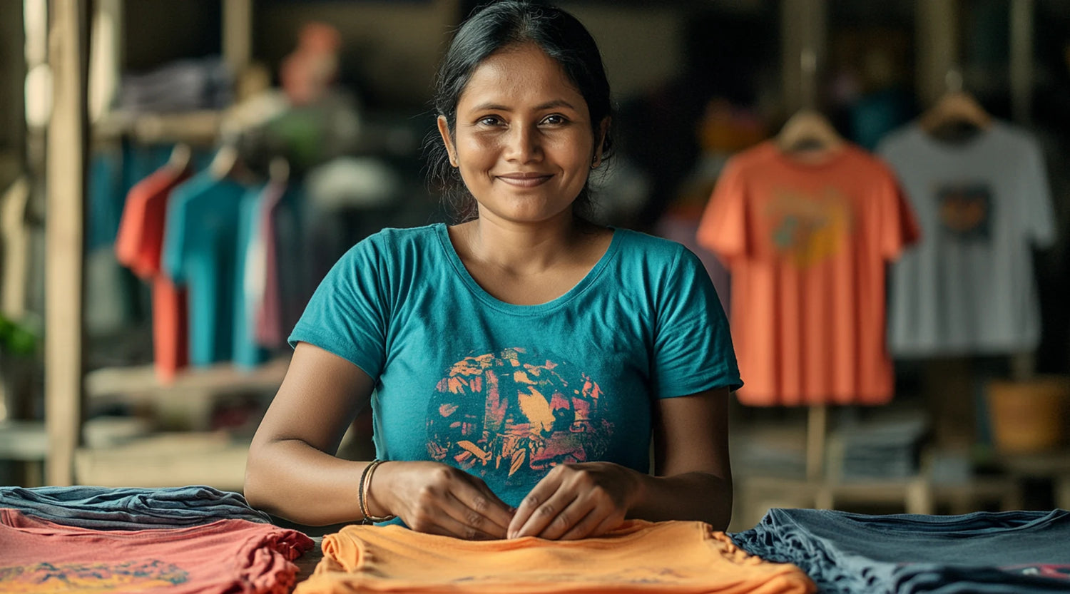 Mahi, Arbeiterin in einer fairen Produktionsstätte lächelnd bei der Arbeit