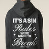 Premium Oversize Vintage Hoodie Rules Break Statement Backprint 'It's a Sin: Rules were made to break' auf Vintage Kapuzenpullover, Rückansicht