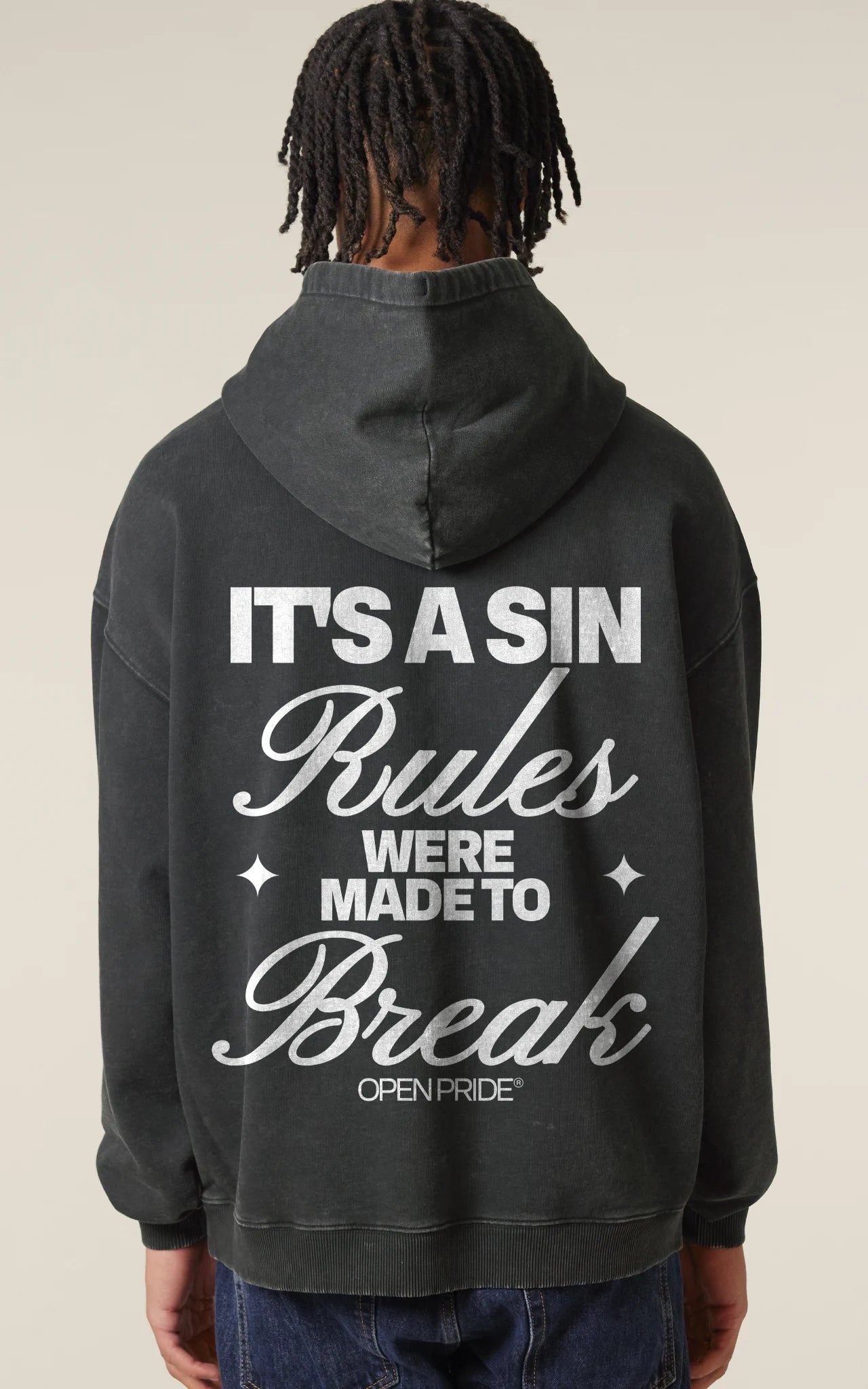 Statement Backprint 'It's a Sin: Rules were made to break' auf Vintage Kapuzenpullover, RĂŒckansicht