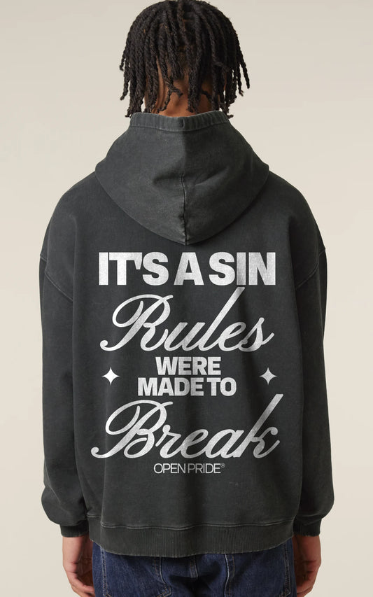 Statement Backprint 'It's a Sin: Rules were made to break' auf Vintage Kapuzenpullover, Rückansicht