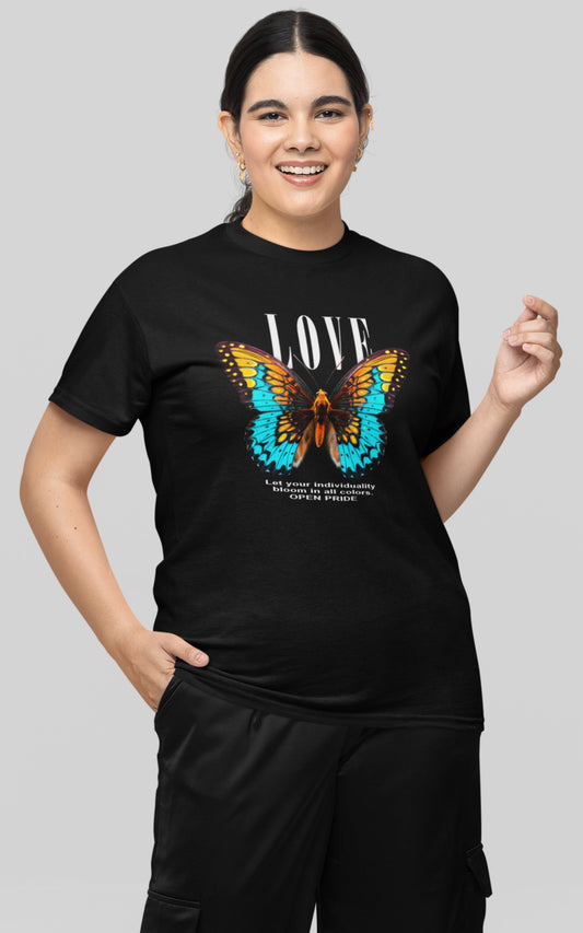 schwarzes Basic T-Shirt Pride Love Butterfly