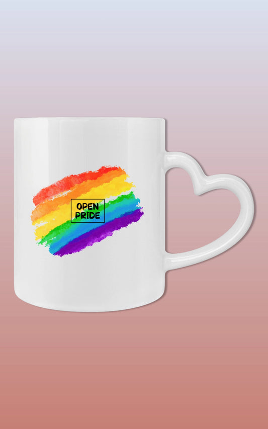 weiße LGBTQ Herzhenkel Keramiktasse Open Pride Regenbogen Geschenkidee