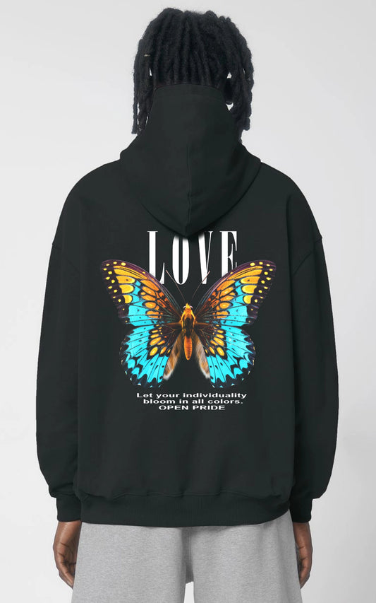 schwarzer Oversized Organic Hoodie Pride Love Butterfly