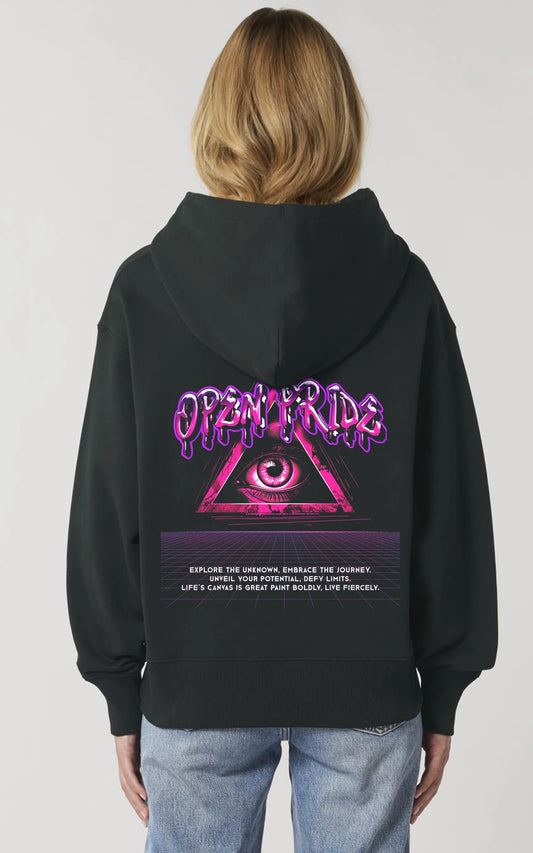 schwarzer Oversized Hoodie Graffitti Explore the Unknown 80s Retro Style Streetwear