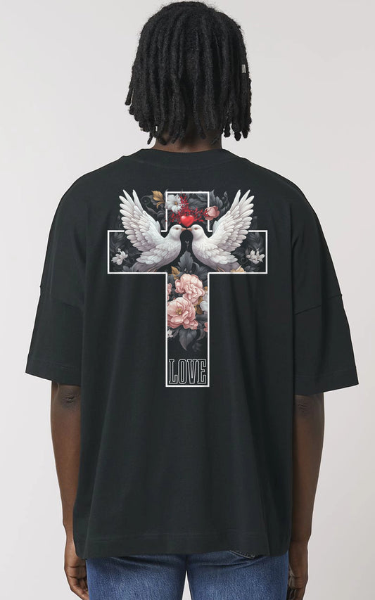 schwarzes Oversized T-Shirt Love Cross mit Backprint