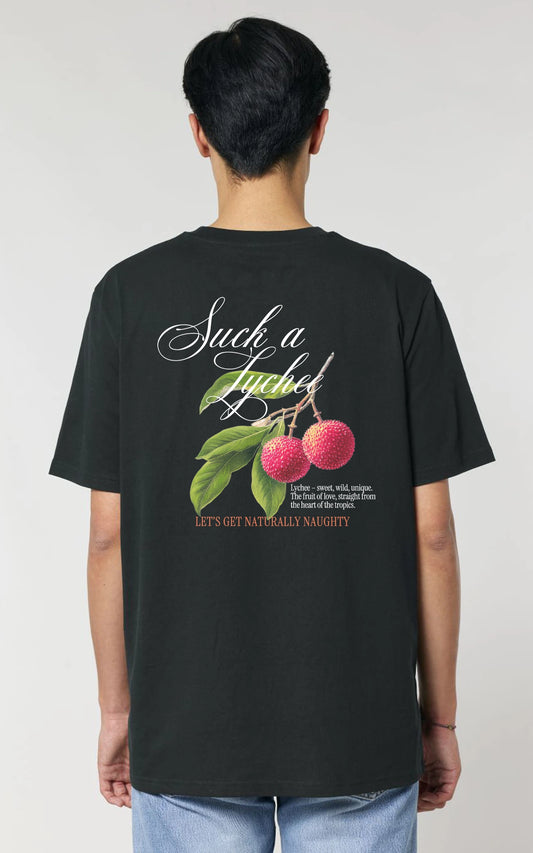 Detail Lychee-Frucht Backprint auf nachhaltigem T-Shirt – veganer Druck