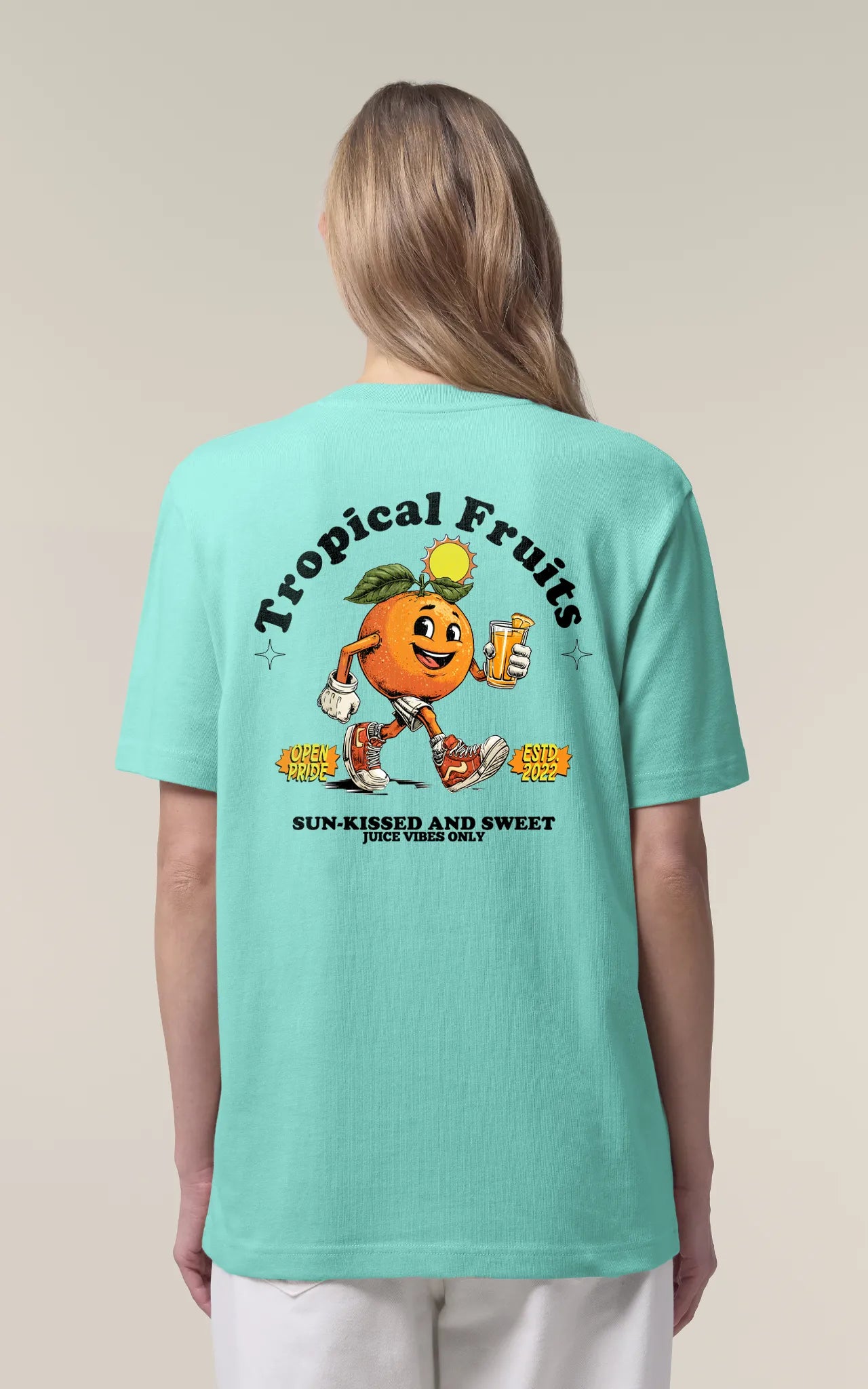 Retro Orange Maskottchen Design Tropical Fruits auf Bio-T-Shirt Sun-kissed and sweet