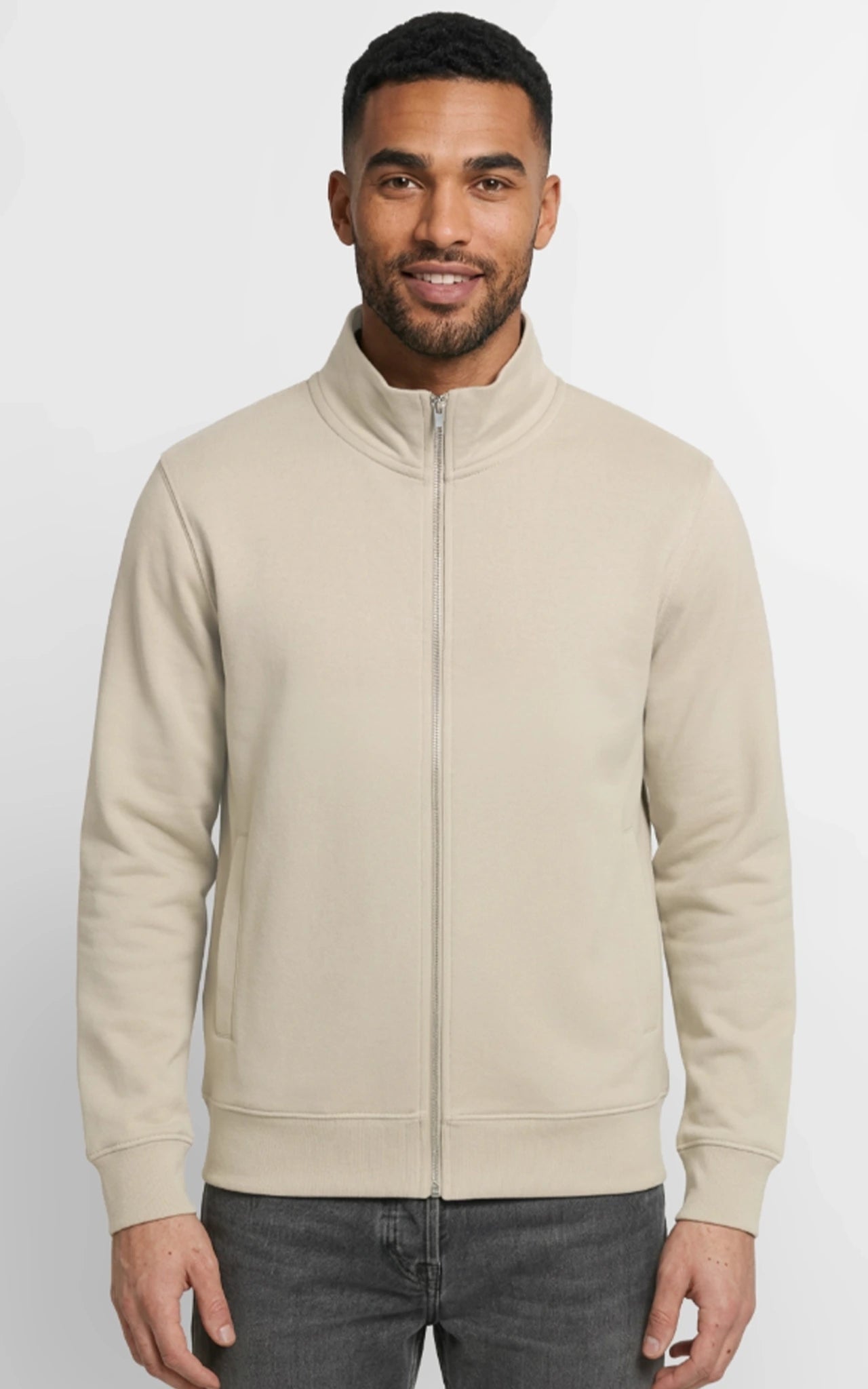 beiges Globe Zip-Sweatshirt – Unisex Sweatshirt mit Reißverschluss & Bio-Baumwolle