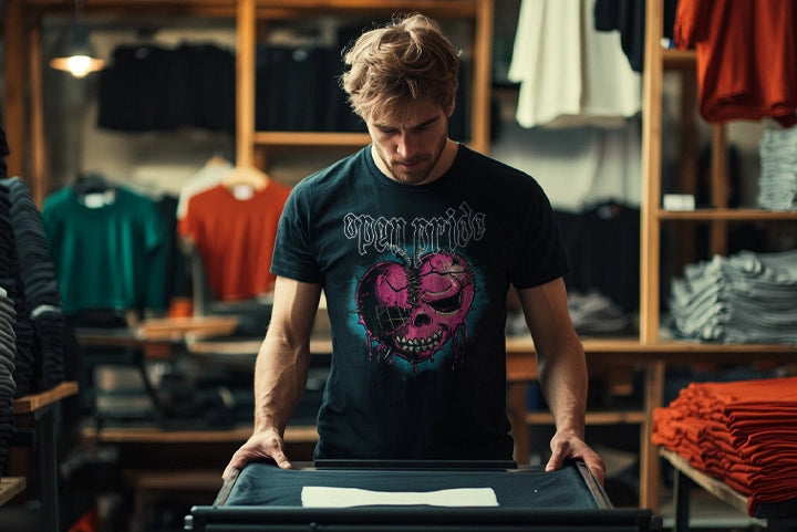 Höchste Qualität. Mann beim drucken von T-Shirts