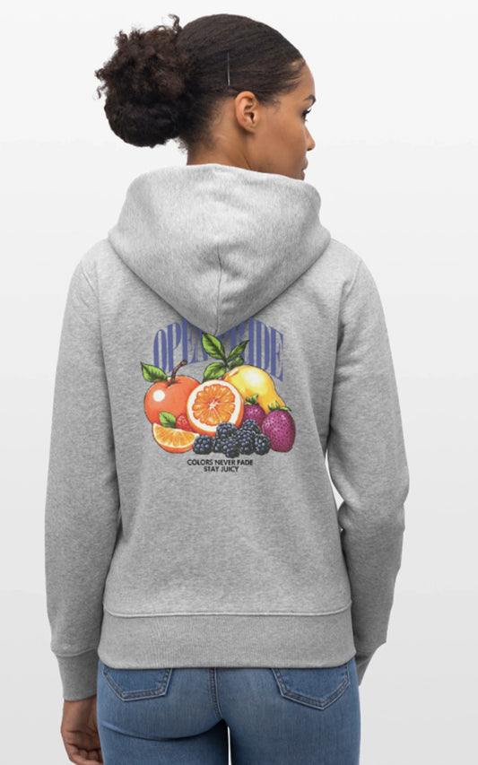 grau melierter Premium Zip Hoodie mit Sweet Fruits Print 